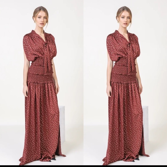 Host Pick Current Air Gold Foil Smocked Maxi Dress - Picture 2 of 4